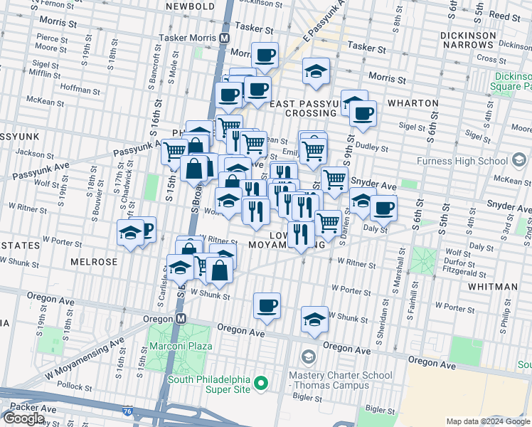 map of restaurants, bars, coffee shops, grocery stores, and more near 1140 Daly Street in Philadelphia