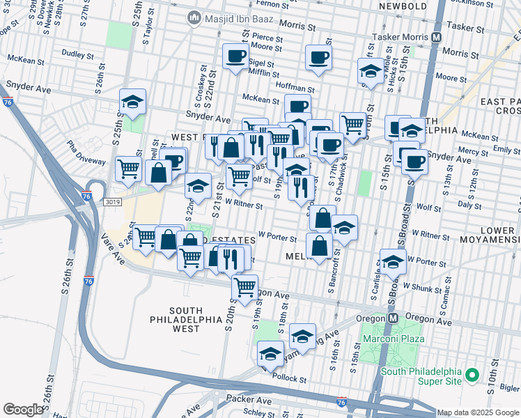 map of restaurants, bars, coffee shops, grocery stores, and more near 2401 South Opal Street in Philadelphia