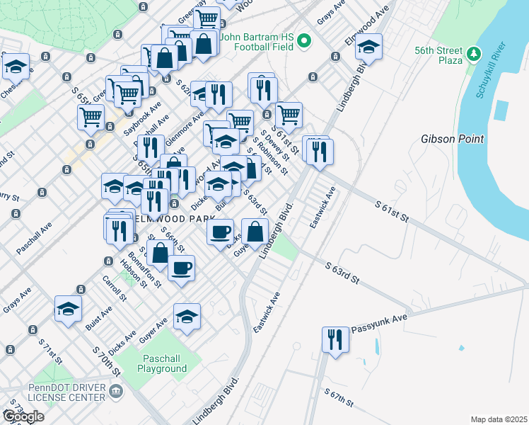 map of restaurants, bars, coffee shops, grocery stores, and more near S 63rd St & Dicks Ave in Philadelphia