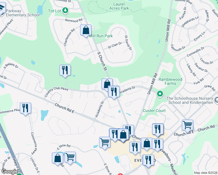 map of restaurants, bars, coffee shops, grocery stores, and more near 2000 Academy Drive in Mount Laurel Township