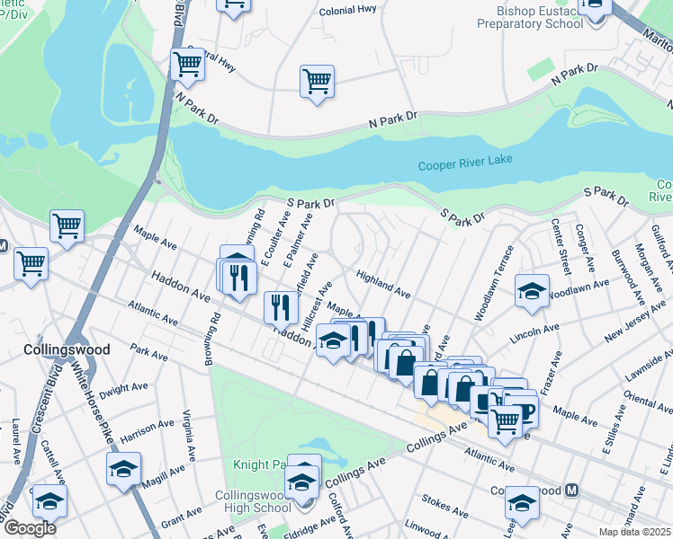 map of restaurants, bars, coffee shops, grocery stores, and more near 113 Hillcrest Avenue in Collingswood