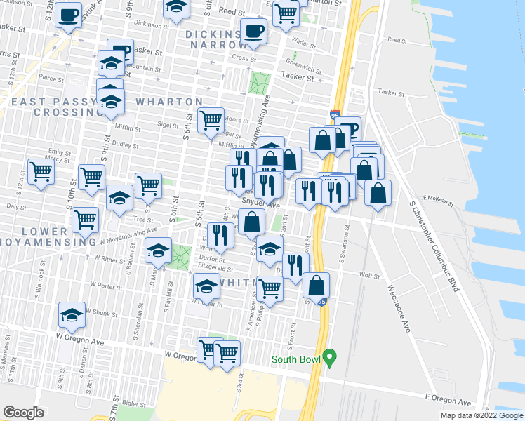 map of restaurants, bars, coffee shops, grocery stores, and more near 2145 South 3rd Street in Philadelphia