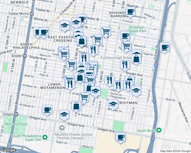 map of restaurants, bars, coffee shops, grocery stores, and more near 615 West Moyamensing Avenue in Philadelphia