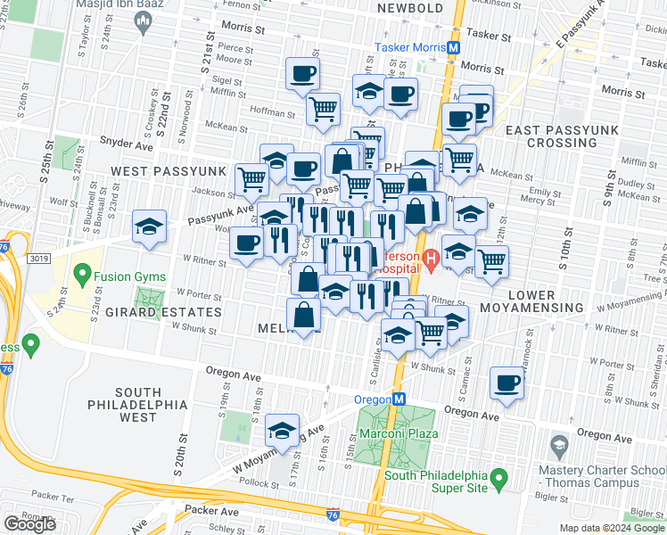 map of restaurants, bars, coffee shops, grocery stores, and more near 1602 West Ritner Street in Philadelphia