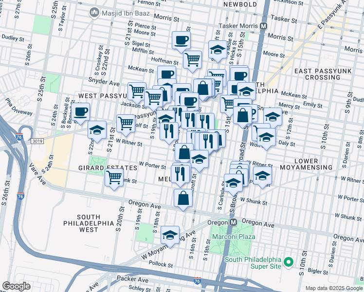 map of restaurants, bars, coffee shops, grocery stores, and more near 2409 South 17th Street in Philadelphia