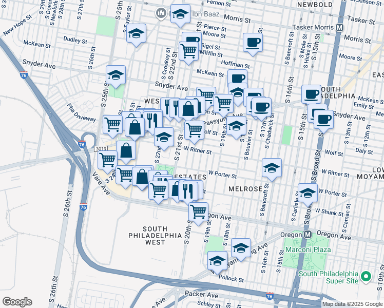 map of restaurants, bars, coffee shops, grocery stores, and more near 2408 South Woodstock Street in Philadelphia