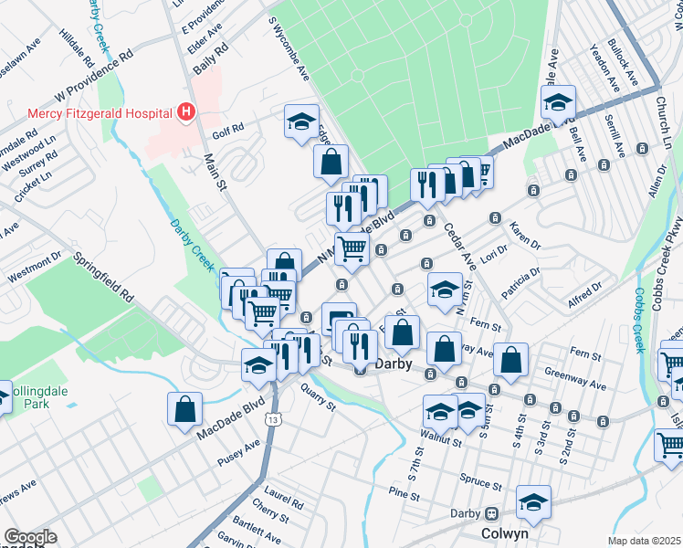 map of restaurants, bars, coffee shops, grocery stores, and more near 1005 Ridge Avenue in Darby