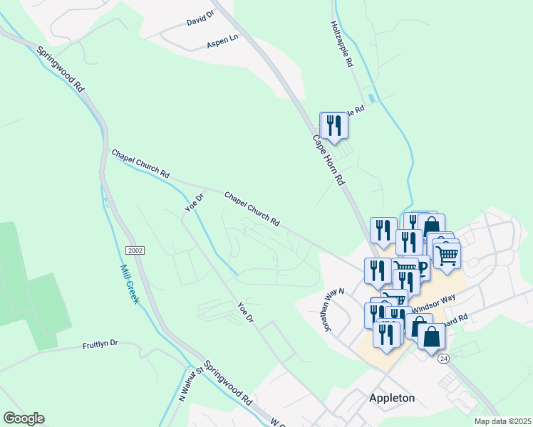 map of restaurants, bars, coffee shops, grocery stores, and more near 565 Chapel Church Road in Red Lion