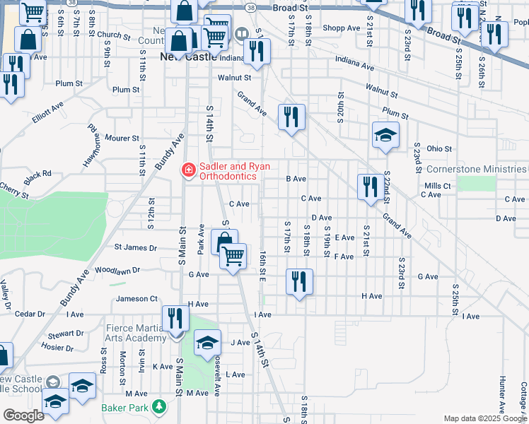map of restaurants, bars, coffee shops, grocery stores, and more near 1620 E Avenue in New Castle