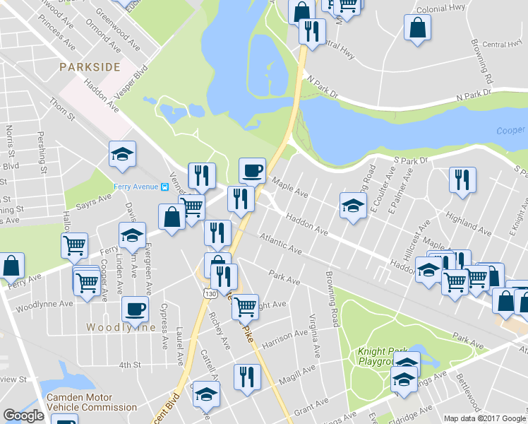 map of restaurants, bars, coffee shops, grocery stores, and more near 74 Haddon Avenue in Collingswood