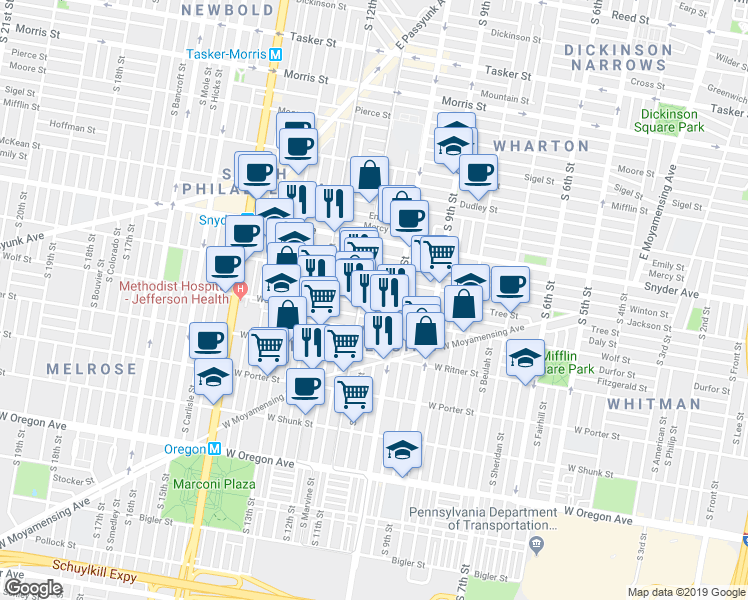 map of restaurants, bars, coffee shops, grocery stores, and more near 1037 Daly Street in Philadelphia
