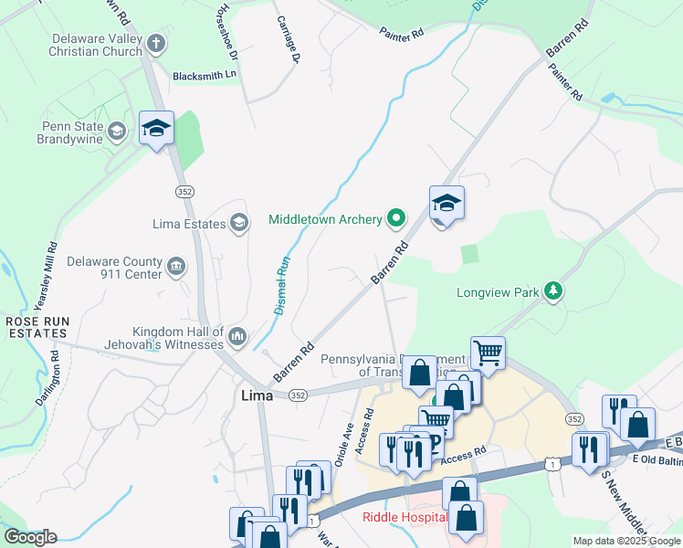 map of restaurants, bars, coffee shops, grocery stores, and more near 5 Devon Lane in Media