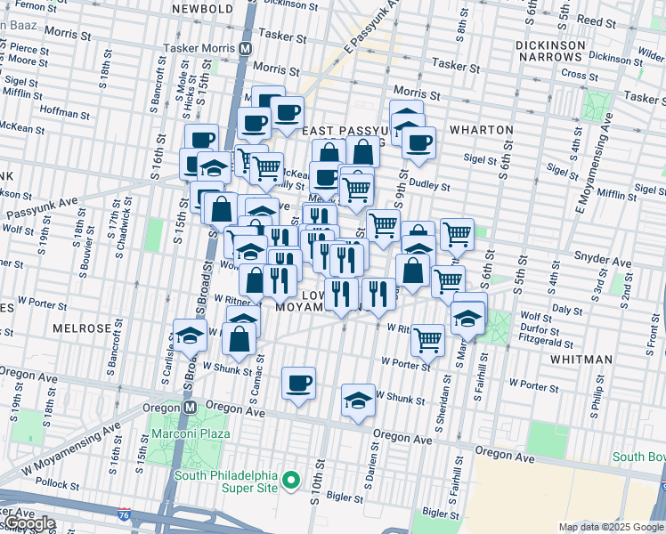 map of restaurants, bars, coffee shops, grocery stores, and more near 1037 Daly Street in Philadelphia