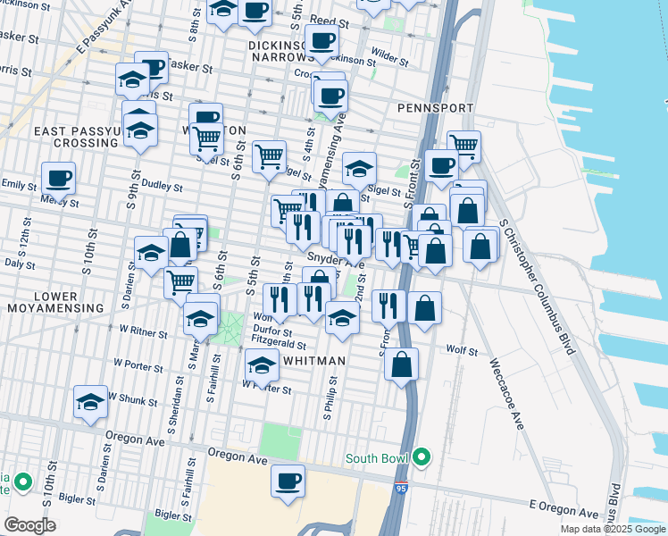 map of restaurants, bars, coffee shops, grocery stores, and more near 2112 South 3rd Street in Philadelphia