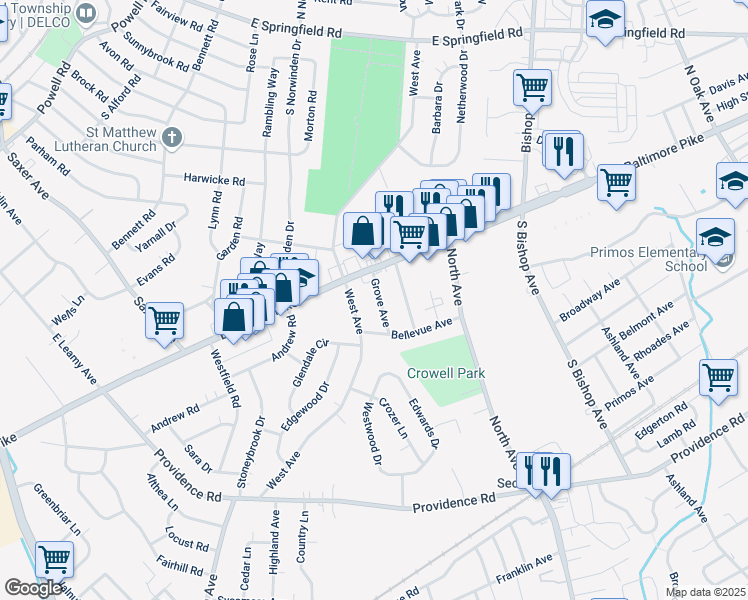 map of restaurants, bars, coffee shops, grocery stores, and more near 841 West Avenue in Springfield