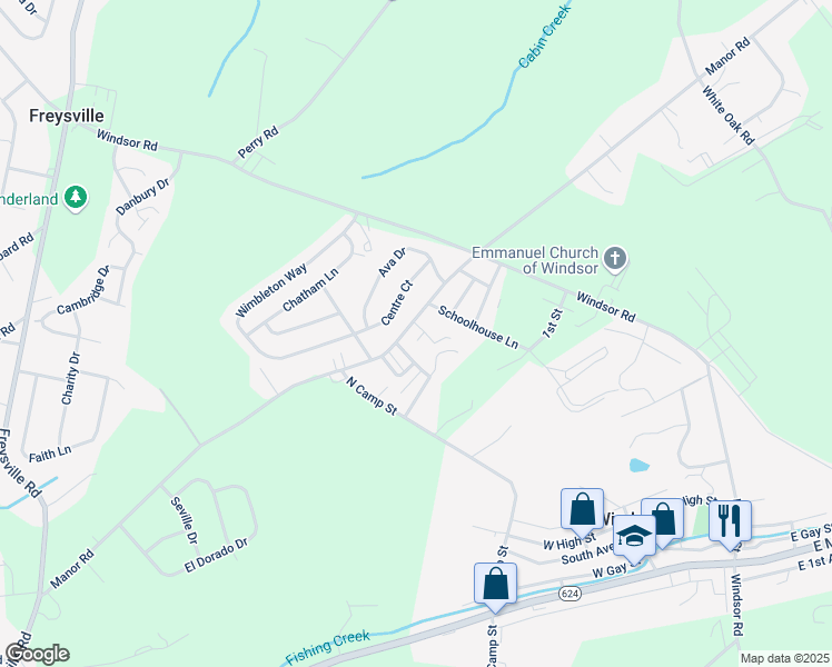 map of restaurants, bars, coffee shops, grocery stores, and more near 510 Manor Road in Windsor