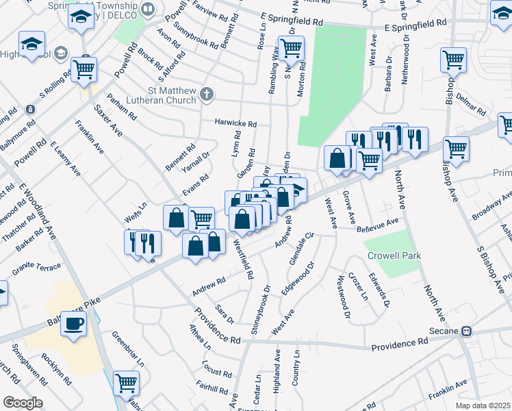 map of restaurants, bars, coffee shops, grocery stores, and more near 360 Rambling Way in Springfield