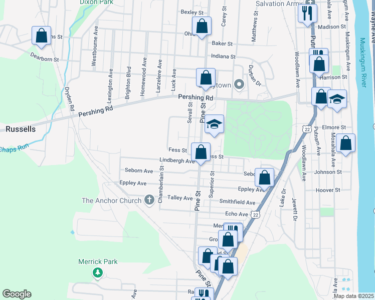 map of restaurants, bars, coffee shops, grocery stores, and more near 711 Fess Street in Zanesville