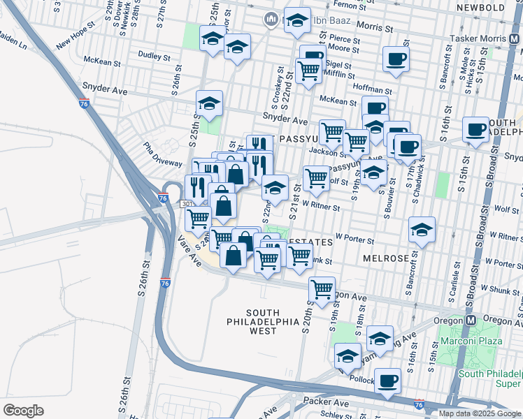 map of restaurants, bars, coffee shops, grocery stores, and more near 2426 South 22nd Street in Philadelphia