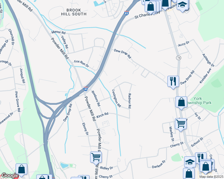 map of restaurants, bars, coffee shops, grocery stores, and more near 124 Lexington Road in York