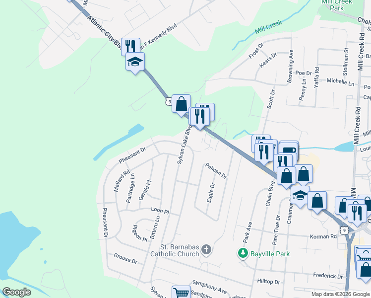 map of restaurants, bars, coffee shops, grocery stores, and more near 65 Pheasant Drive in Berkeley Township