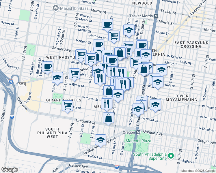 map of restaurants, bars, coffee shops, grocery stores, and more near 2409 South 17th Street in Philadelphia