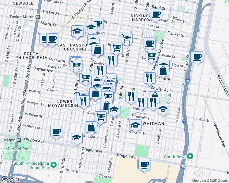 map of restaurants, bars, coffee shops, grocery stores, and more near 629 Jackson Street in Philadelphia