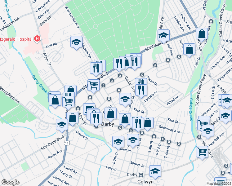 map of restaurants, bars, coffee shops, grocery stores, and more near 220 North 9th Street in Darby
