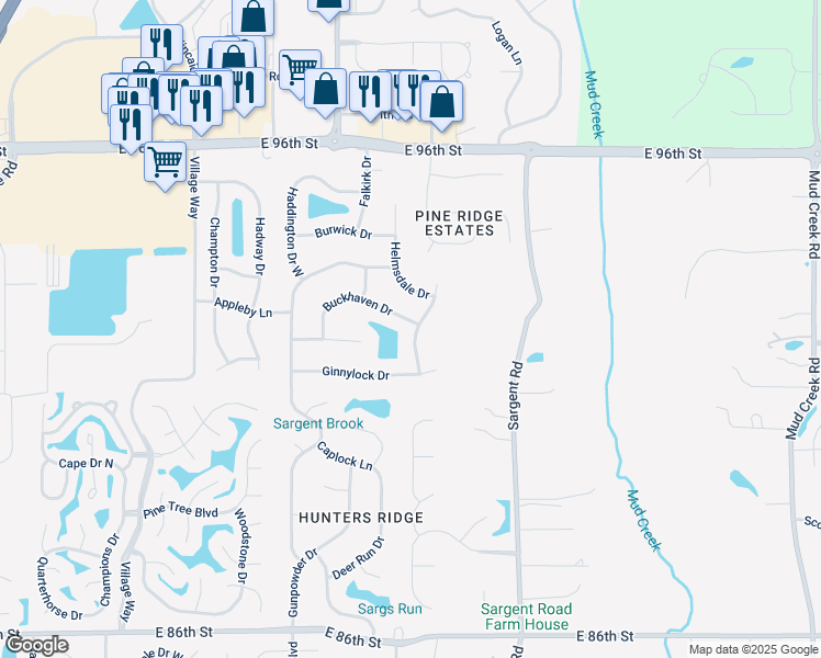 map of restaurants, bars, coffee shops, grocery stores, and more near 8912 Buckhaven Drive in Indianapolis