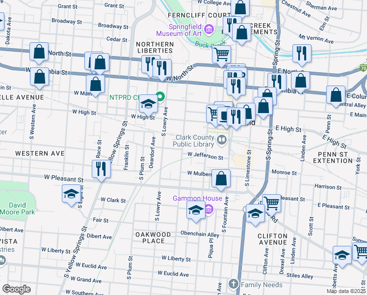 map of restaurants, bars, coffee shops, grocery stores, and more near 123 West Washington Street in Springfield