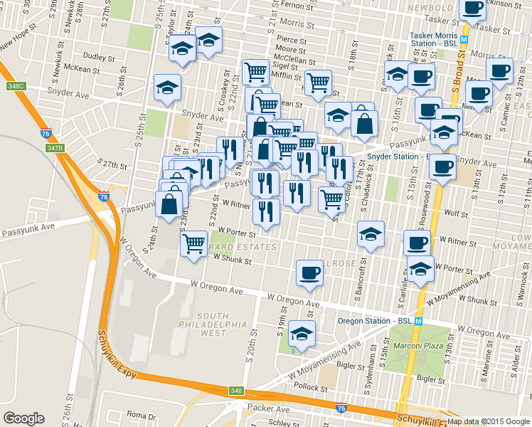map of restaurants, bars, coffee shops, grocery stores, and more near 2403 South Woodstock Street in Philadelphia