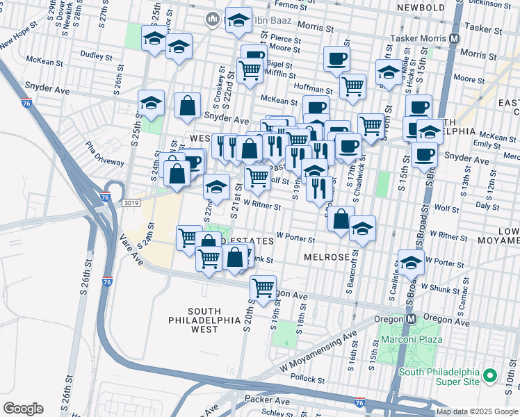 map of restaurants, bars, coffee shops, grocery stores, and more near 2403 South Woodstock Street in Philadelphia