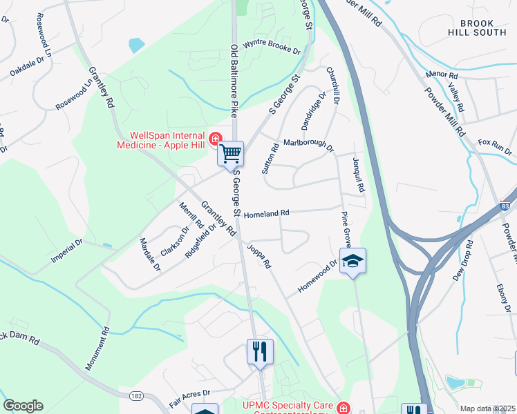 map of restaurants, bars, coffee shops, grocery stores, and more near 2339 South George Street in York