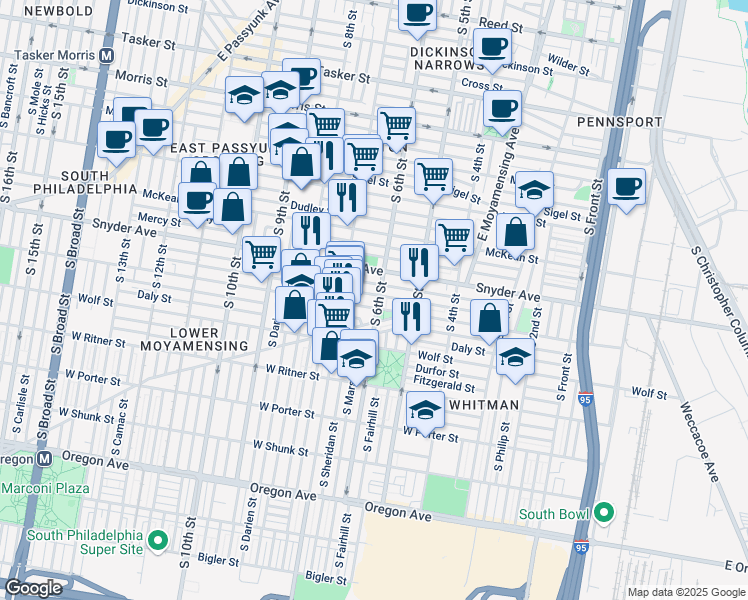 map of restaurants, bars, coffee shops, grocery stores, and more near 645 Cantrell Street in Philadelphia