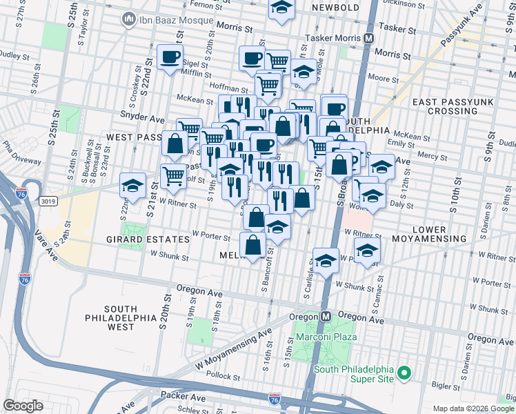 map of restaurants, bars, coffee shops, grocery stores, and more near 1712 Wolf Street in Philadelphia