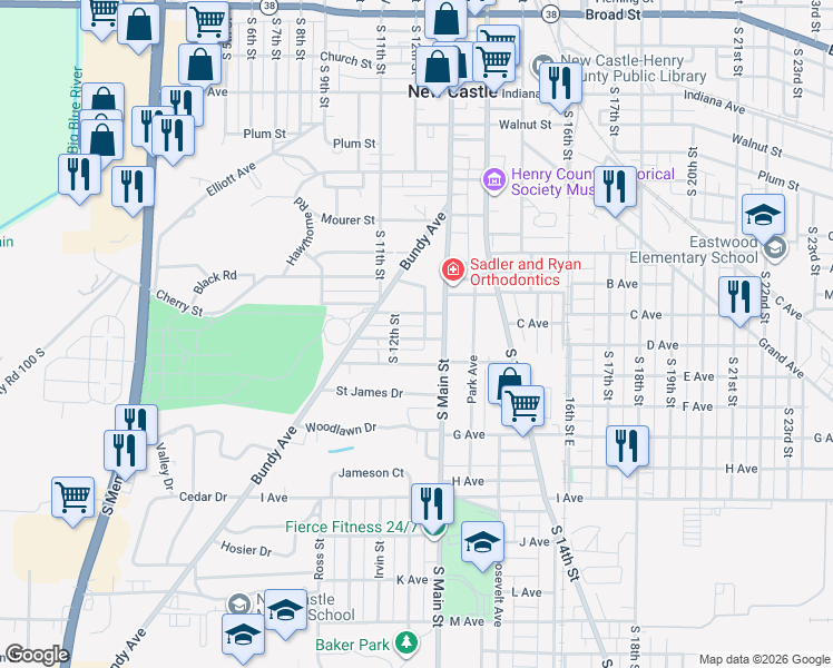 map of restaurants, bars, coffee shops, grocery stores, and more near 1232 Southern Avenue in New Castle