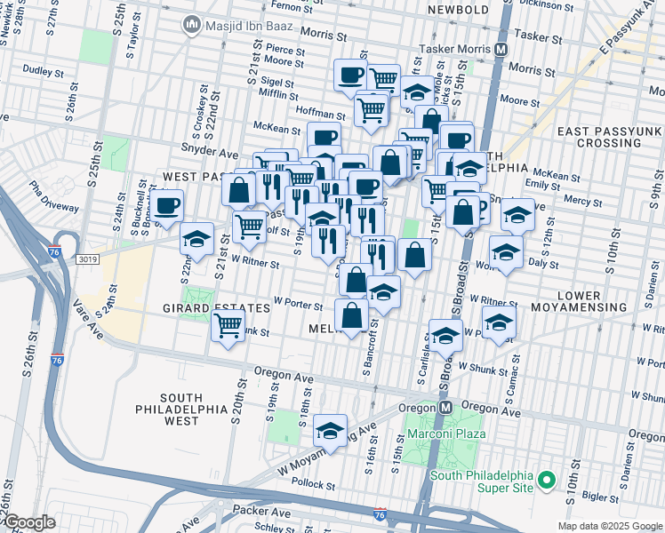 map of restaurants, bars, coffee shops, grocery stores, and more near 2337 South 18th Street in Philadelphia