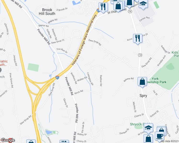 map of restaurants, bars, coffee shops, grocery stores, and more near 119 Lexington Road in York