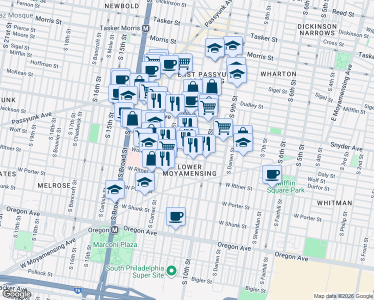 map of restaurants, bars, coffee shops, grocery stores, and more near 1121 Jackson Street in Philadelphia