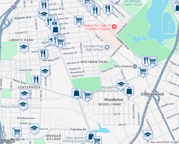 map of restaurants, bars, coffee shops, grocery stores, and more near 1323 Dayton Street in Camden
