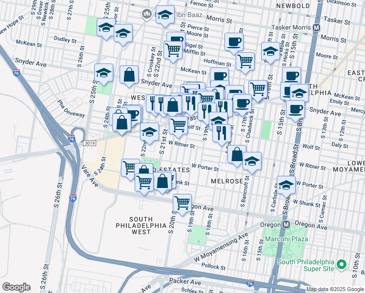 map of restaurants, bars, coffee shops, grocery stores, and more near 2400 South 20th Street in Philadelphia