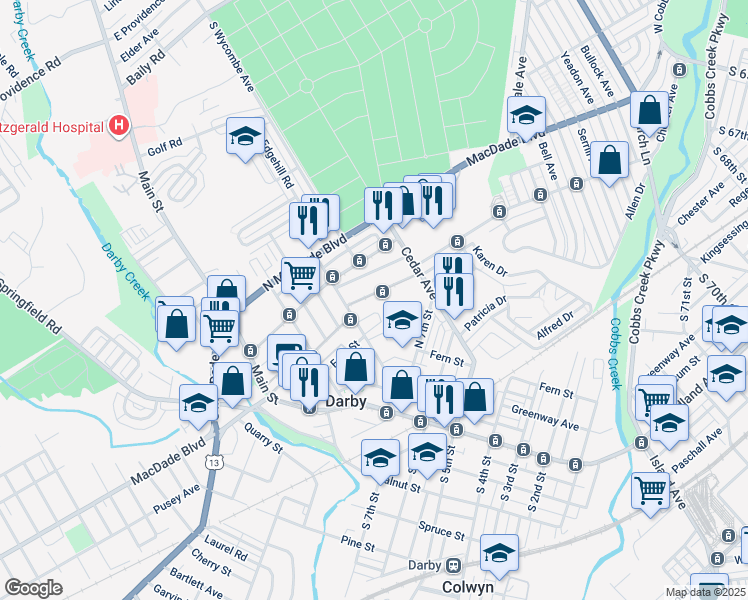 map of restaurants, bars, coffee shops, grocery stores, and more near 222 North 9th Street in Darby