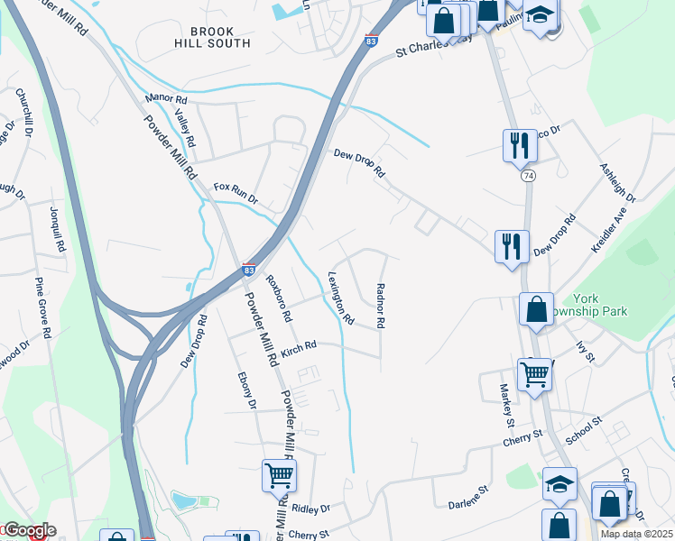 map of restaurants, bars, coffee shops, grocery stores, and more near 119 Lexington Road in York