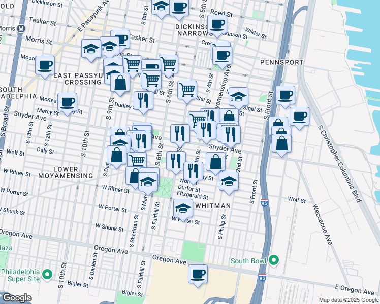 map of restaurants, bars, coffee shops, grocery stores, and more near 433 East Snyder Avenue in Philadelphia