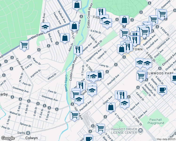 map of restaurants, bars, coffee shops, grocery stores, and more near 7008 Upland Street in Philadelphia