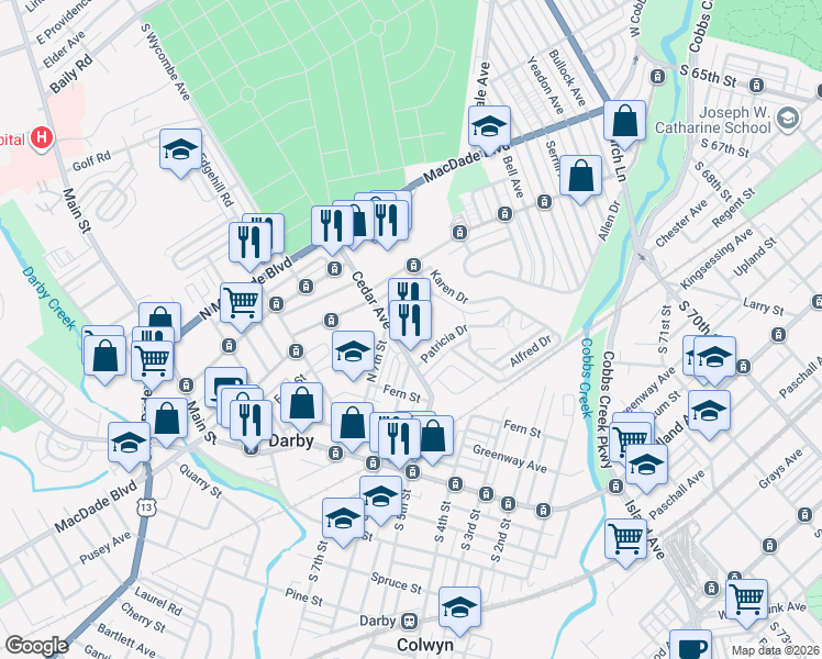 map of restaurants, bars, coffee shops, grocery stores, and more near 609 Cedar Avenue in Yeadon