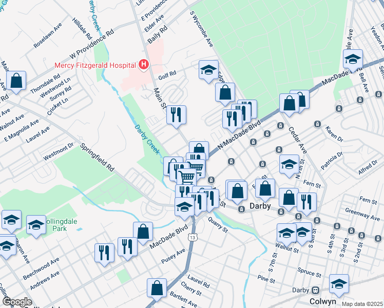 map of restaurants, bars, coffee shops, grocery stores, and more near 1122 Main Street in Darby