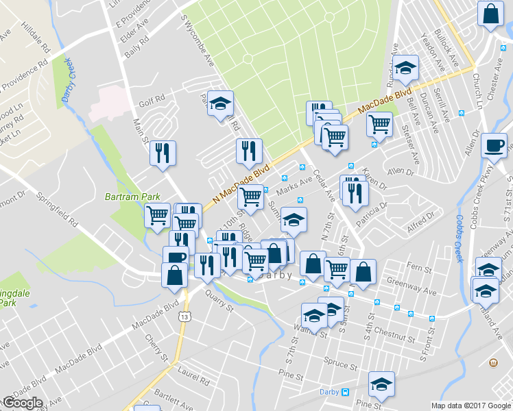 map of restaurants, bars, coffee shops, grocery stores, and more near 936 Maple Terrace in Darby