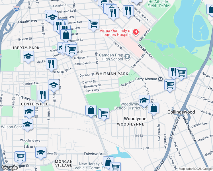 map of restaurants, bars, coffee shops, grocery stores, and more near 1323 Dayton Street in Camden