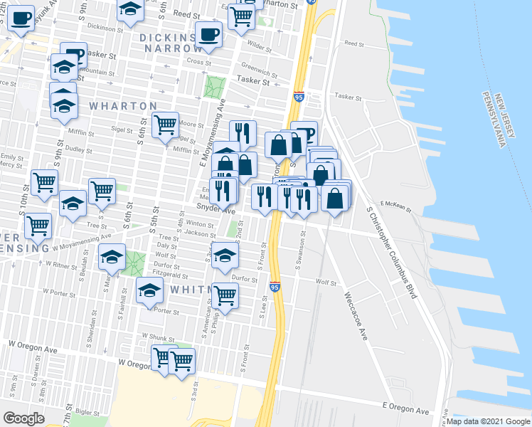map of restaurants, bars, coffee shops, grocery stores, and more near 109 Emily Street in Philadelphia